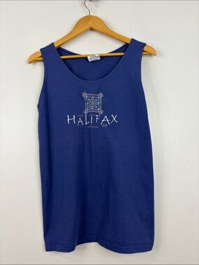 Vintage Hallifax Tank Top Womens Large Blue Cotton Jersey Embroidered Floral 90s